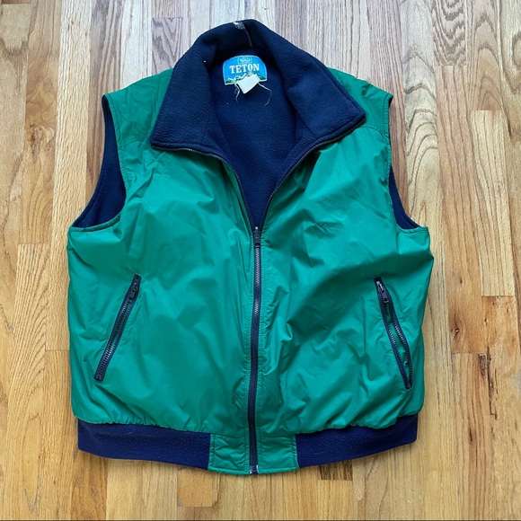 Men's Vintage 90's Woolrich Teton Green Navy Blue Fleece Lined Vest Jacket Sz XL